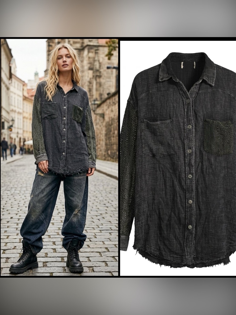 Washed Black Gauze Oversized Olive Crochet Knit Sleeves Whimsigoth Grunge Top L